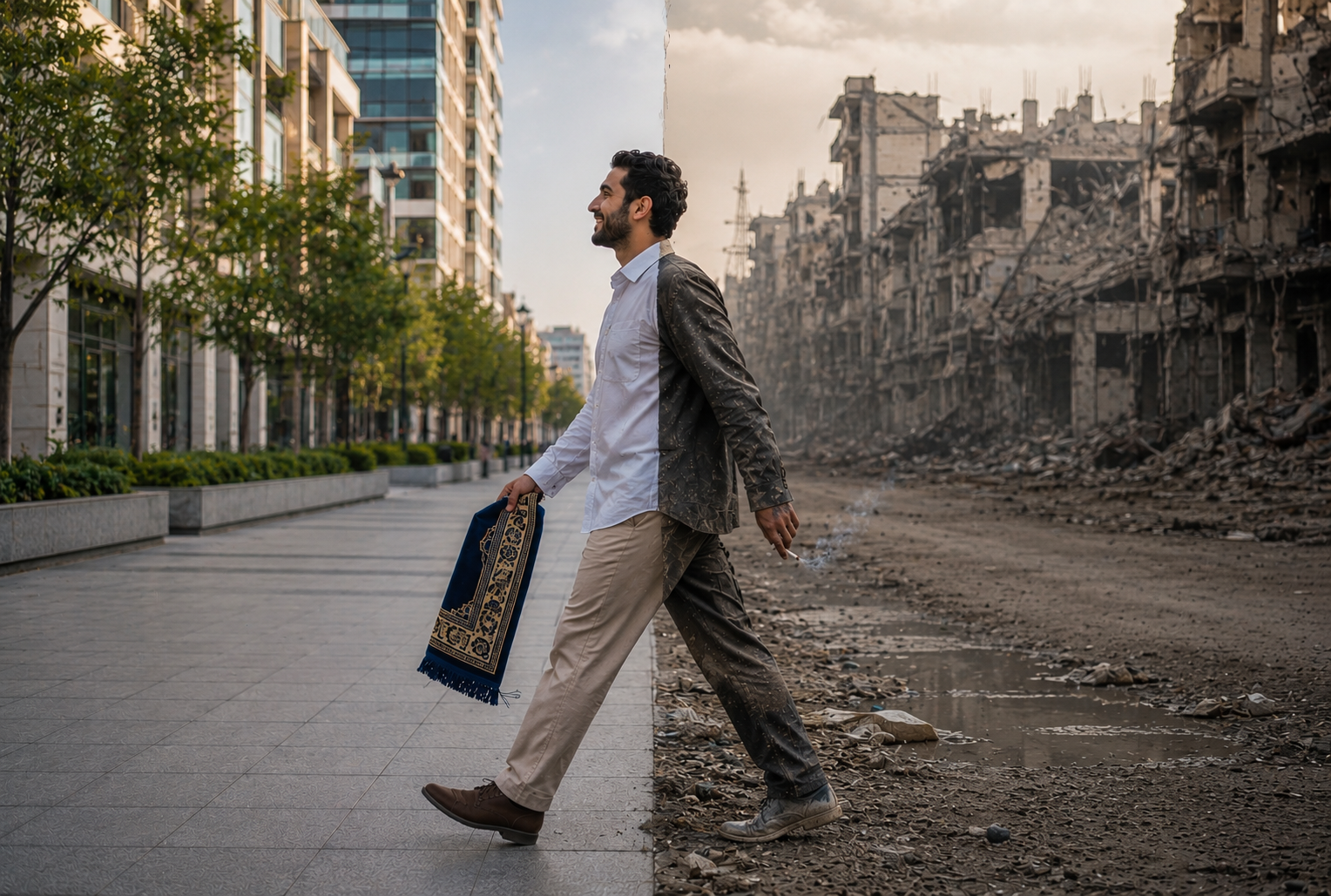 رجل يخطو من ركام الحرب إلى مدينة معاد إعمارها وهو يحمل سجادة الصلاة